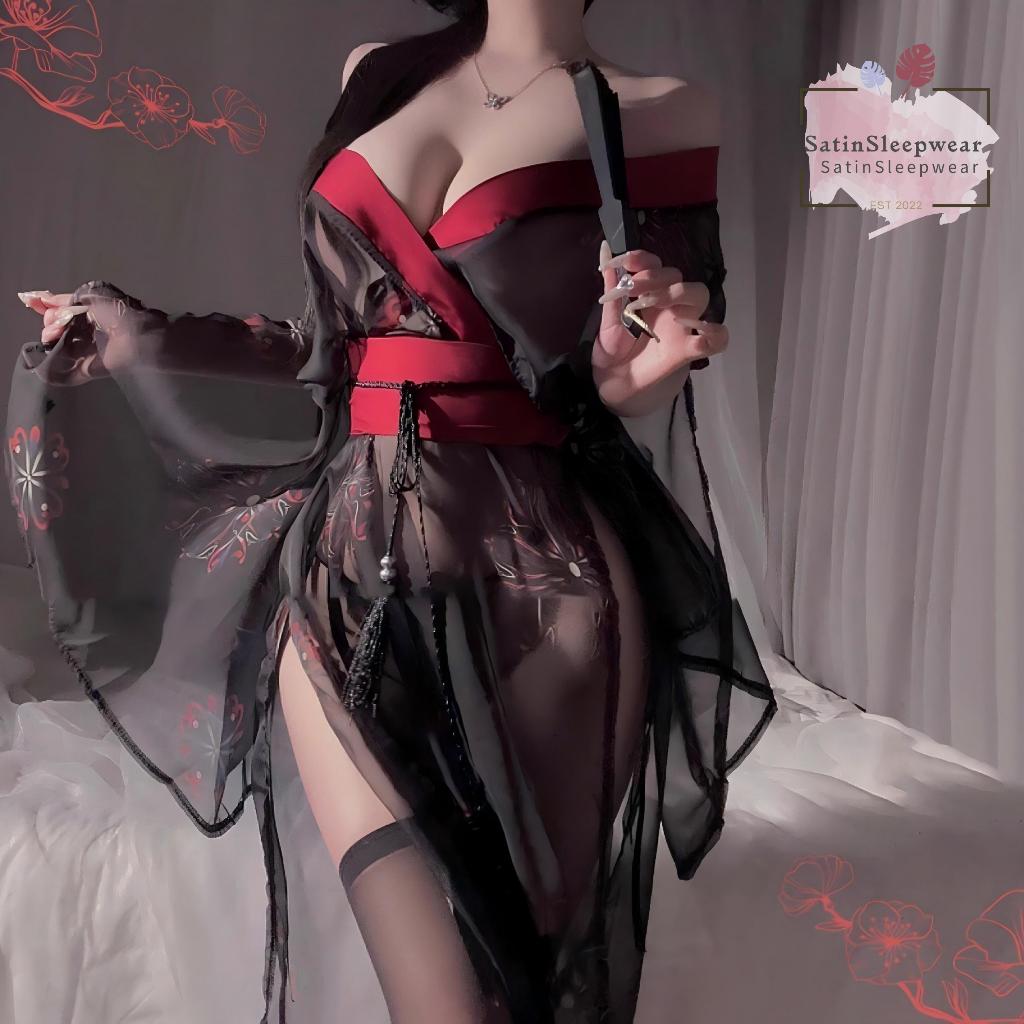 SatinSleepwear🖤🖤ชุดชั้นในเซ็กซี่ ชุดกิโมโนตาข่ายเซ็กซี่💖💖วัสดุโปร่งใส ลายเกสรตัวผู้ จัดส่งจากประเทศไทย.
