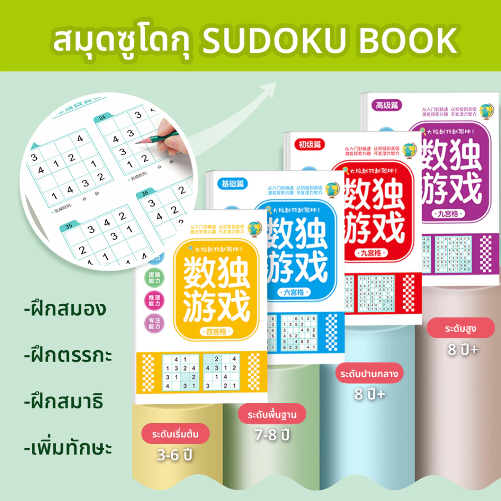 สมุดซูโดกุ Sudoku หนังสือ ไขปริศนาตัวเลข แบบฝึดหัดคณิตศาสตร์ ฝึกสมอง เพิ่มทักษะ