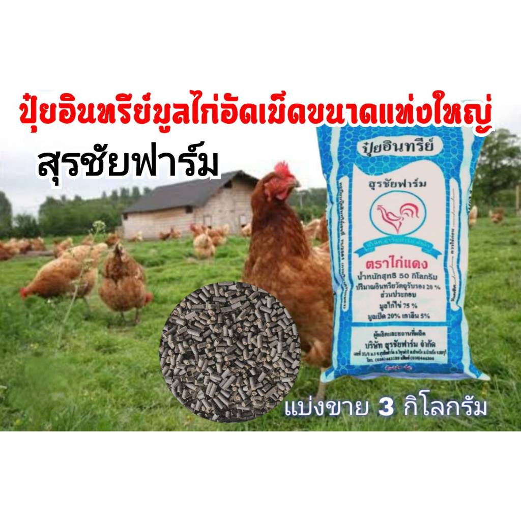 สุรชัยฟาร์ม ตราไก่แดง ขี้ไก่อัดเม็ด ปุ๋ยขี้ไก่ มูลไก่ ปุ๋ยอินทรีย์ ปุ๋ยอินทรีย์วัตถุ แบ่งขาย 3 กิโลกรัม