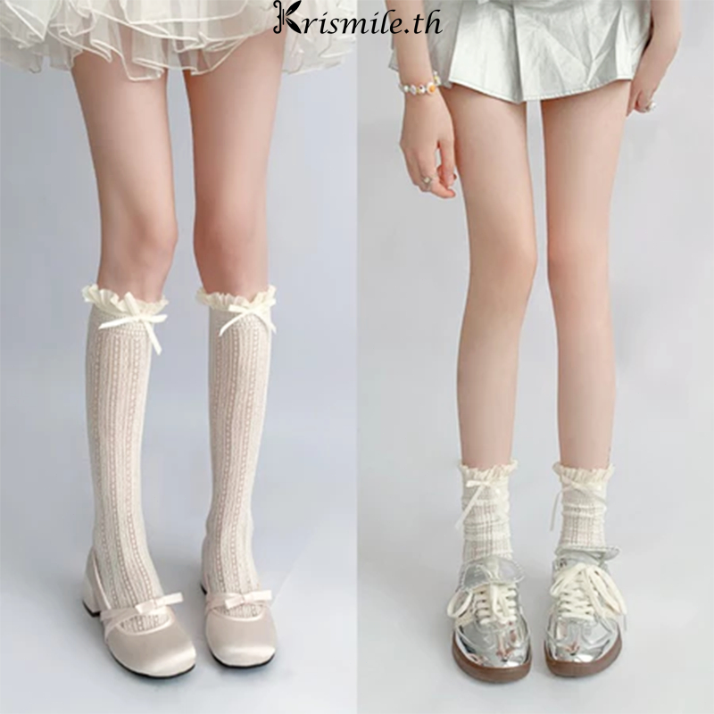 COD-ในไทย💖ถุงเท้ายาวถุงน่องหวาน JK Lolita Bowknot เข่าผู้หญิง Hollow Out ตาข่าย ถุงน่อง สไตล์ญี่ปุ่นสาว-Kri