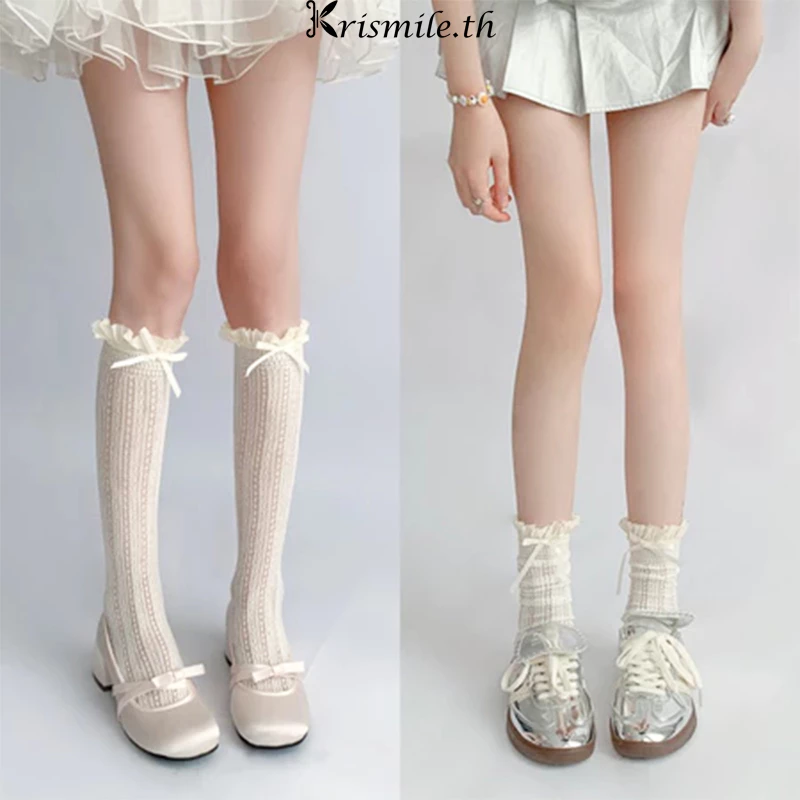 COD-ในไทย💖ถุงเท้ายาวถุงน่องหวาน JK Lolita Bowknot เข่าผู้หญิง Hollow Out ตาข่าย ถุงน่อง สไตล์ญี่ปุ่นสาว-Kri