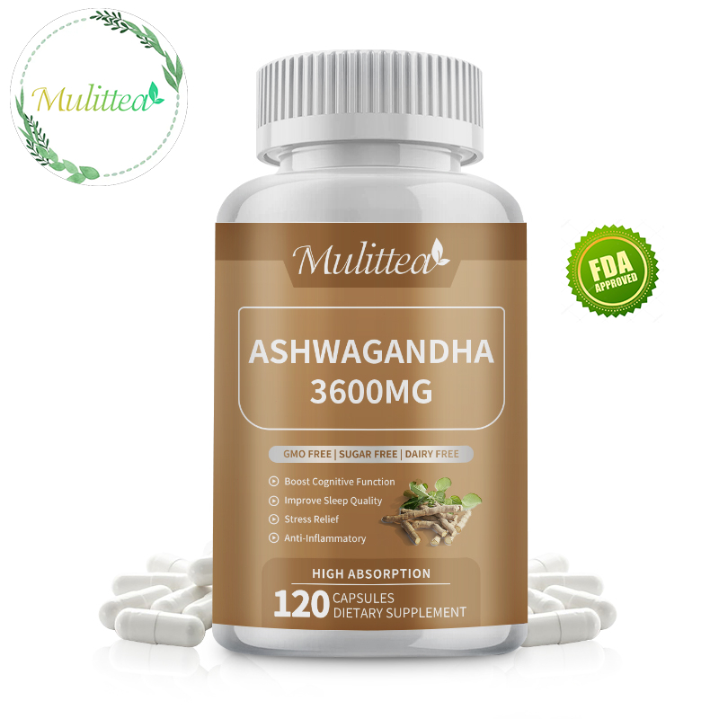 Mulittea ashwagandha 3600MG Hard Capsules เพิ่มการทำงานของสมองและคุณภาพการนอนหลับ บรรเทาความเครียด ต้านการอักเสบ 120 แคป
