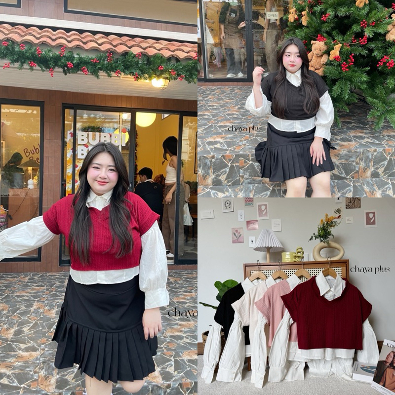 เสื้อเชิ๊ต พร้อมเสื้อกั๊กด้านนอก งานสาวน่ารัก มากกต้องจัดแล้วทุกคน plussize สาวอวบ