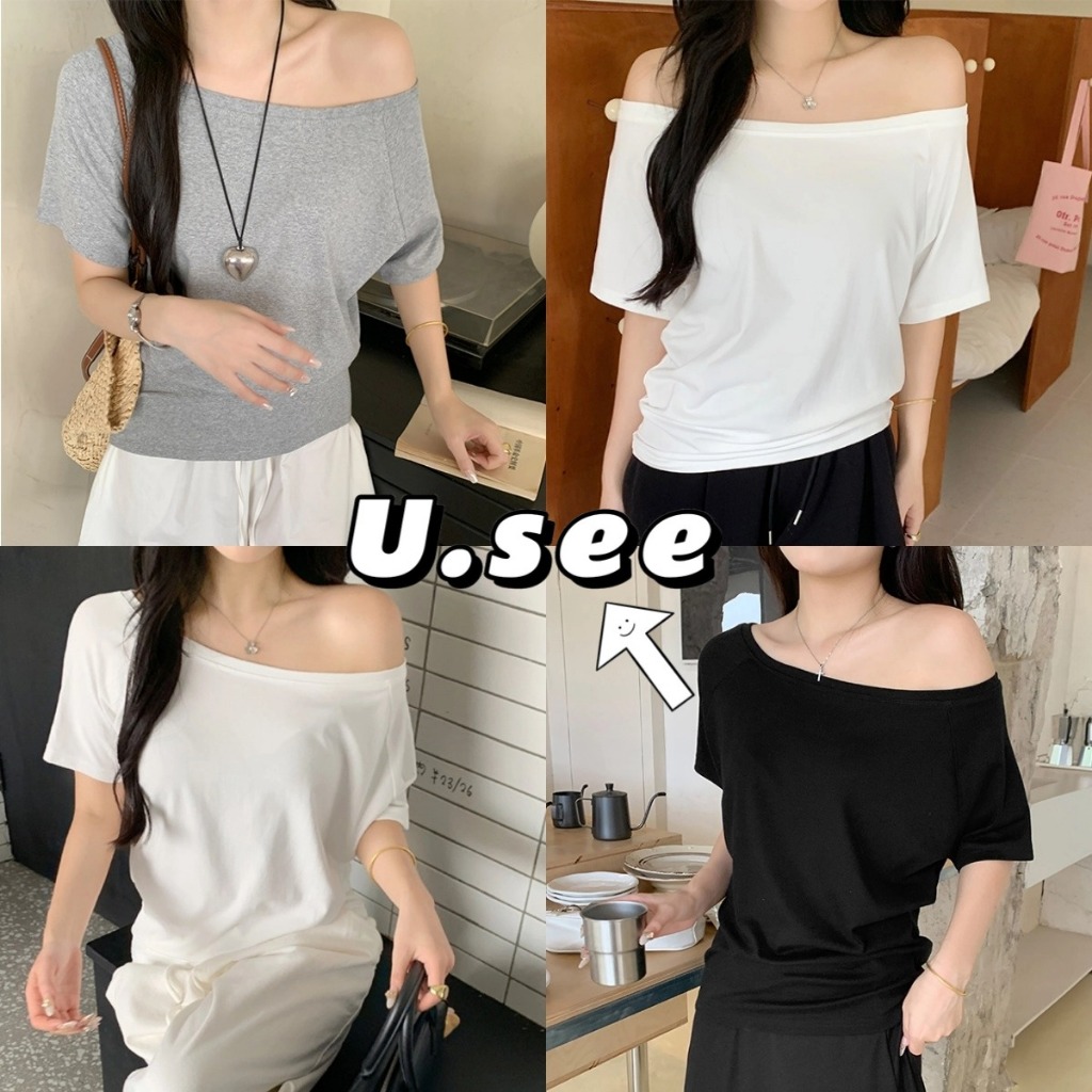 เสื้อยืดเเขนสั้น เสื้อยืดเปิดไหล่ สีพื้น ผ้านิ่ม เข้ากับทุกสไตส์#2272