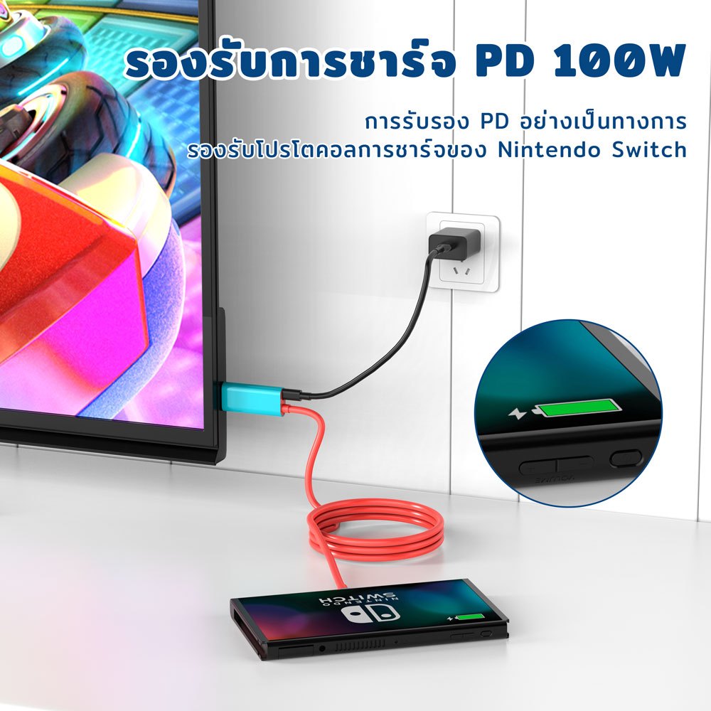 DOCK แบบพกพา Nintendo Switch USB C อแดปเตอร์ 2m รองรับการชาร์จ 100W PD สาย ที่จำเป็นสำหรับการเดินทาง