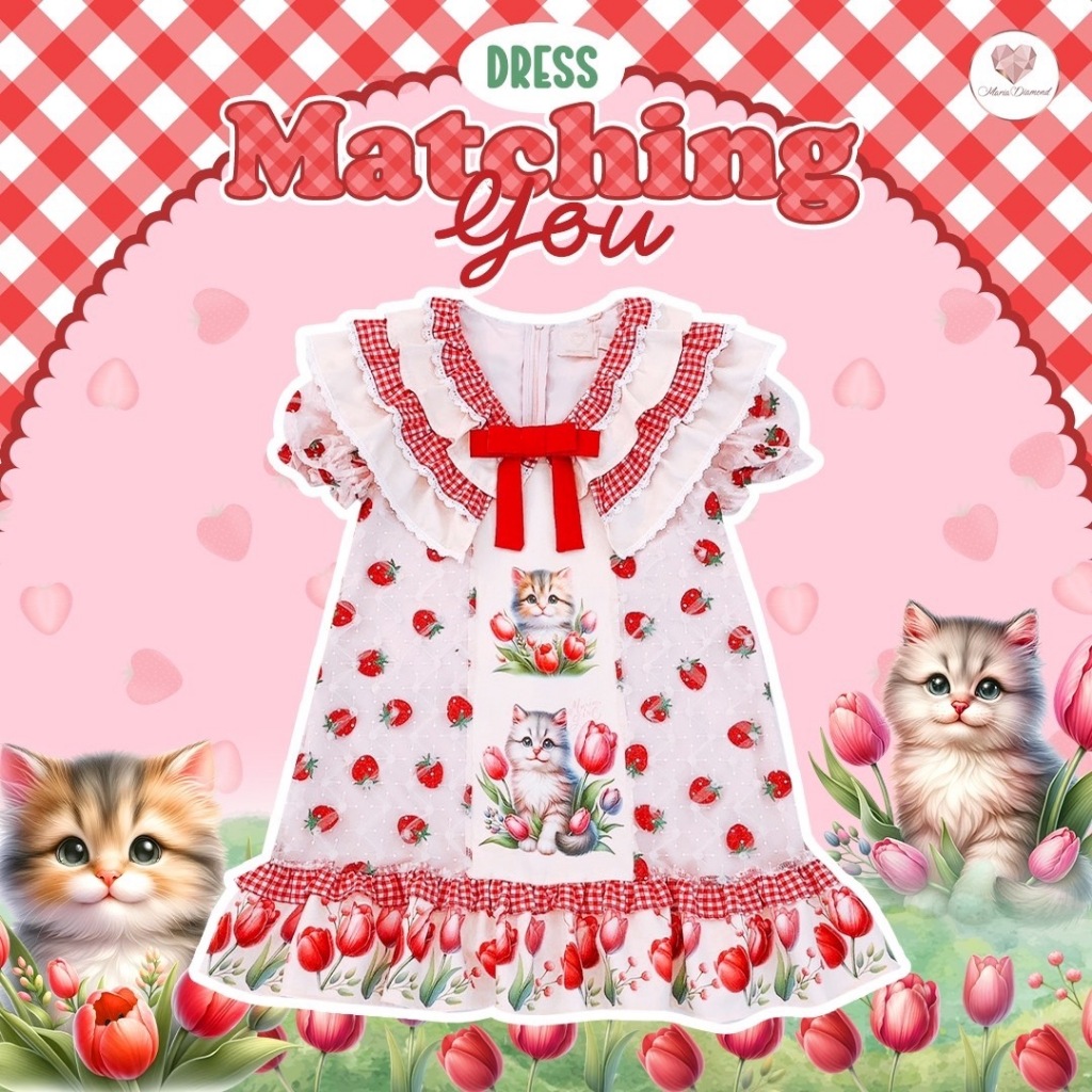 (มี 3XL) Matching You Dress เดรสสั้นทรงปล่อยผ้าตาข่ายปักลายสตอเบอรี่ ปกแต่งระบายสองชั้นคอวี แต่งโบว์ มีซับใน ใส่ซิปหลัง