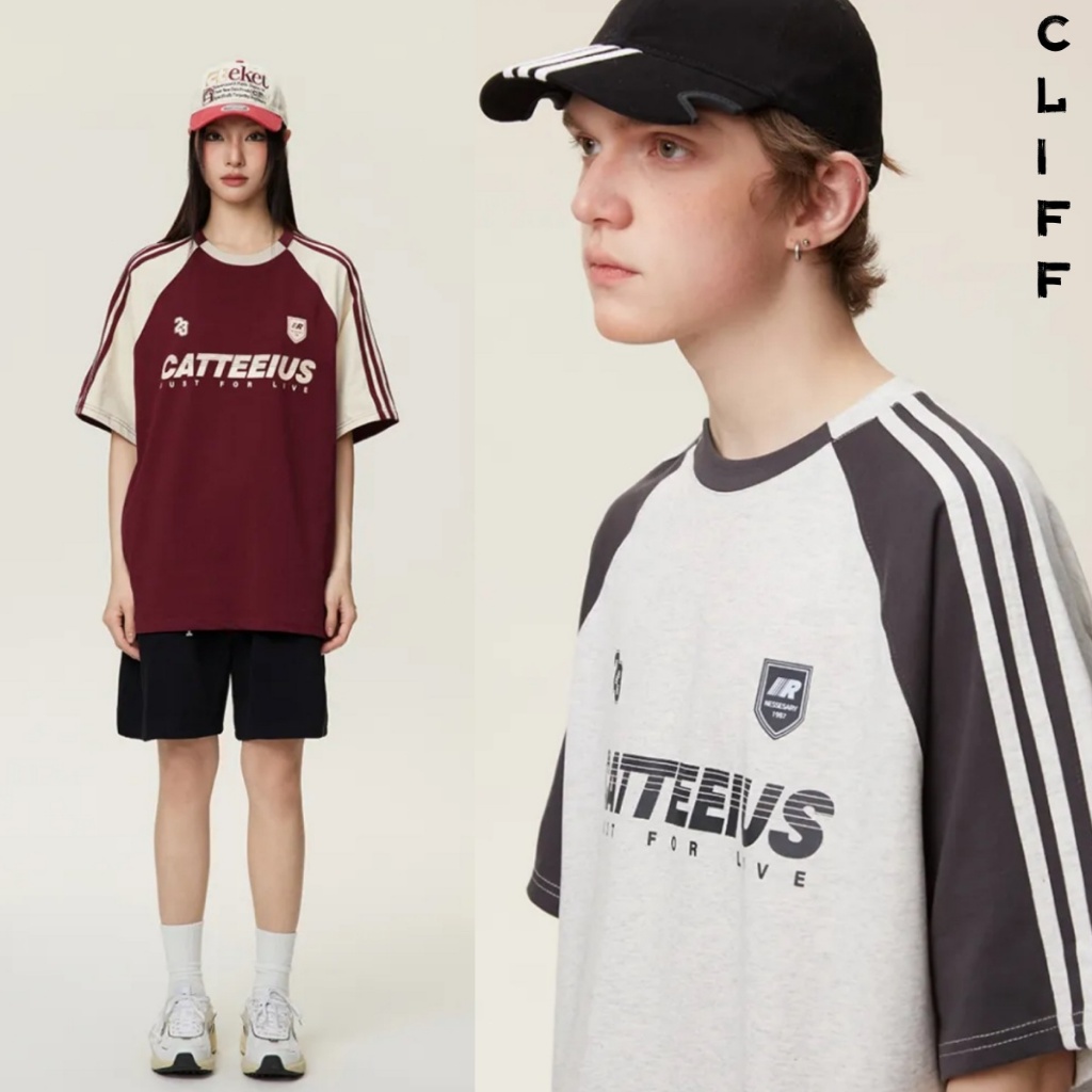 CLIFF สไตล์อเมริกัน เสื้อแจ็คเก็ต ไหล่แขนสั้น การออกแบบสี แฟชั่นบาร์ หลวม เสื้อยืดฤดูร้อน