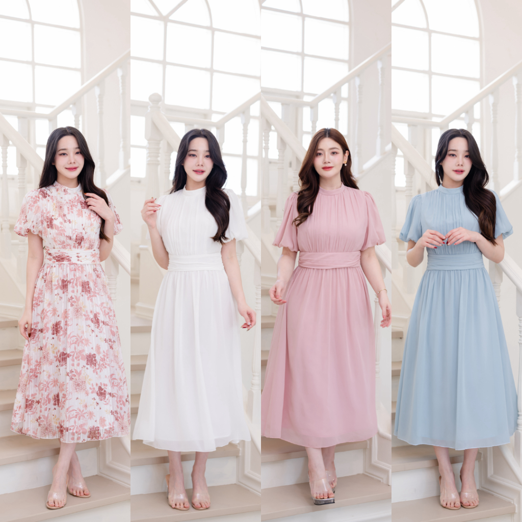 Pirunya – Long Dress 19 เดรสยาว ออกงาน ผ้าชีฟอง คอปีน แขนพอง กระโปรงระบาย