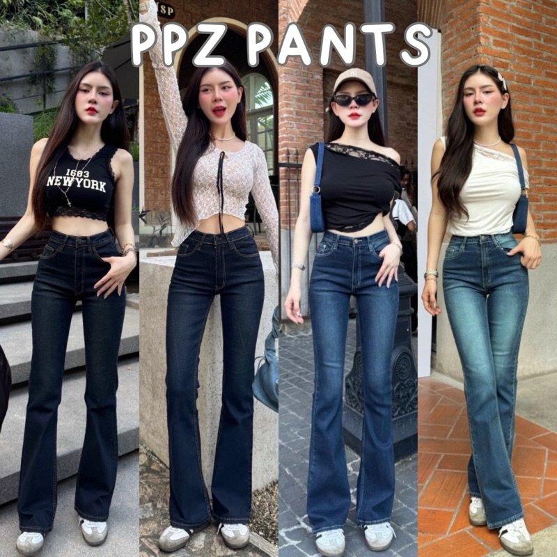 ʙᴏᴏᴛ ᴄᴜᴛ ᴍɪᴅᴅʟᴇ ᴡᴀɪꜱᴛ👖กางเกงยีนส์ขาม้า เอวกลาง ผ้าหนายืด