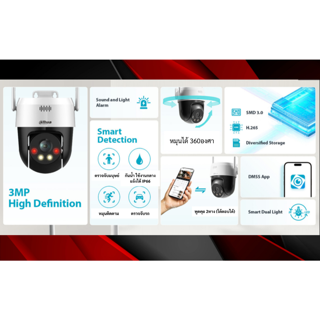 Dahua wifi ภายนอก รุ่น PICOO A2  คมชัด 3-5 ล้าน หมุนได้ มี AI ตรวจจับผู้บุกรุก พูดคุยโต้ตอบได้ Smart Dual Light W.3y