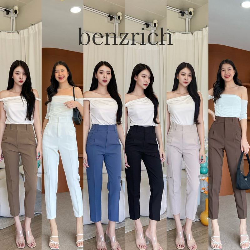 (S-2XL) กางเกง 8 ส่วน รุ่นแต่งหูธนู ขากระบอกเล็ก กางเกงทำงานกางเกงแฟชั่น