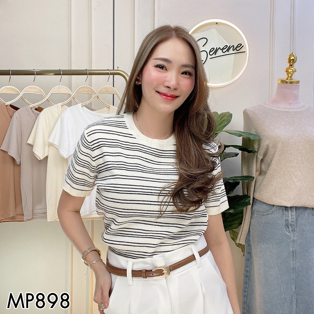Serene's Choice เสื้อคอกลมแขนสั้น ลายทางเล็ก หน้าผ้า 38 นิ้ว ผ้าไหมพรม Short Sleeve Small Striped Knitted Shirt