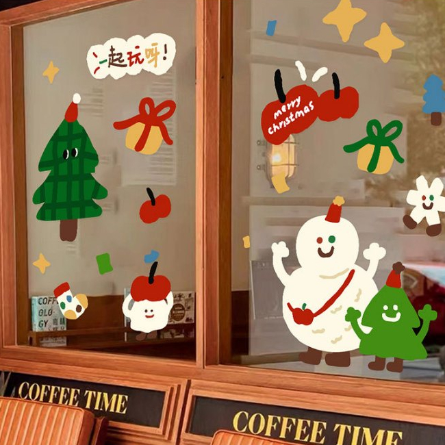 พร้อมส่ง สติ๊กเกอร์ติดกระจก ตกแต่งกระจก cafe อีเว้นท์เทศกาล Xmas สติ๊กเกอร์ลอกออกได้ไม่ที่คราบกาว มีหลายลายให้เลือก