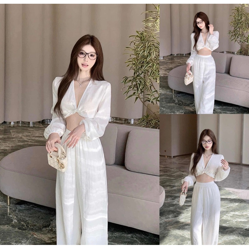 ชุดเซ็ตสีขาว ชุดขายาวสีขาวมีเชือกผูก พร้อมกางเกงขายาว