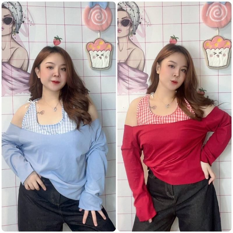 เสื้อผ้ายืดร่องผูกคอแต่งลายสก็อต (แขนยาว) อกหน้าผ้า 50 นิ้ว ยืดได้ถึง 58 นิ้ว ความยาว 25 นิ้ว