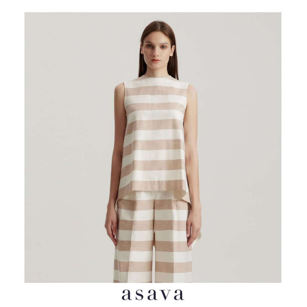 [asava aw24] Avianna Asymmetric Sleeveless Blouse เสื้อผู้หญิง ทรงอสมมาตร คอกลม แขนกุด ตะขอหลัง ผ้าลายทาง