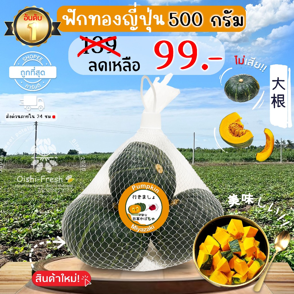 ฟักทองญี่ปุ่น ปลอดสารพิษ 500 ก. รสชาติกรอบ สด ใหม่ ใยอาหารสูง หวานออร์แกนิด เคลมได้ 1-2 วัน