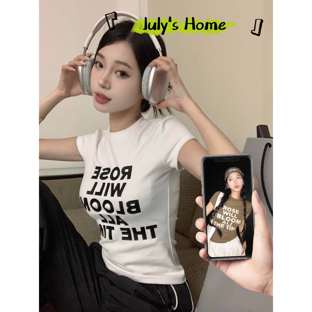 เสื้อครอปคอกลม เสื้อยืดผู้หญิง เเบบลำลอง พิมพ์ลายอักษร สาวฮอตต้องมี#J2275