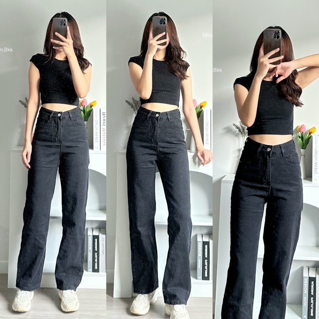 Moveon รหัส 133 ยีนส์ขากระบอกกลาง เอวสูง สีดำ พร้อมส่ง ไซส์ S M L XL