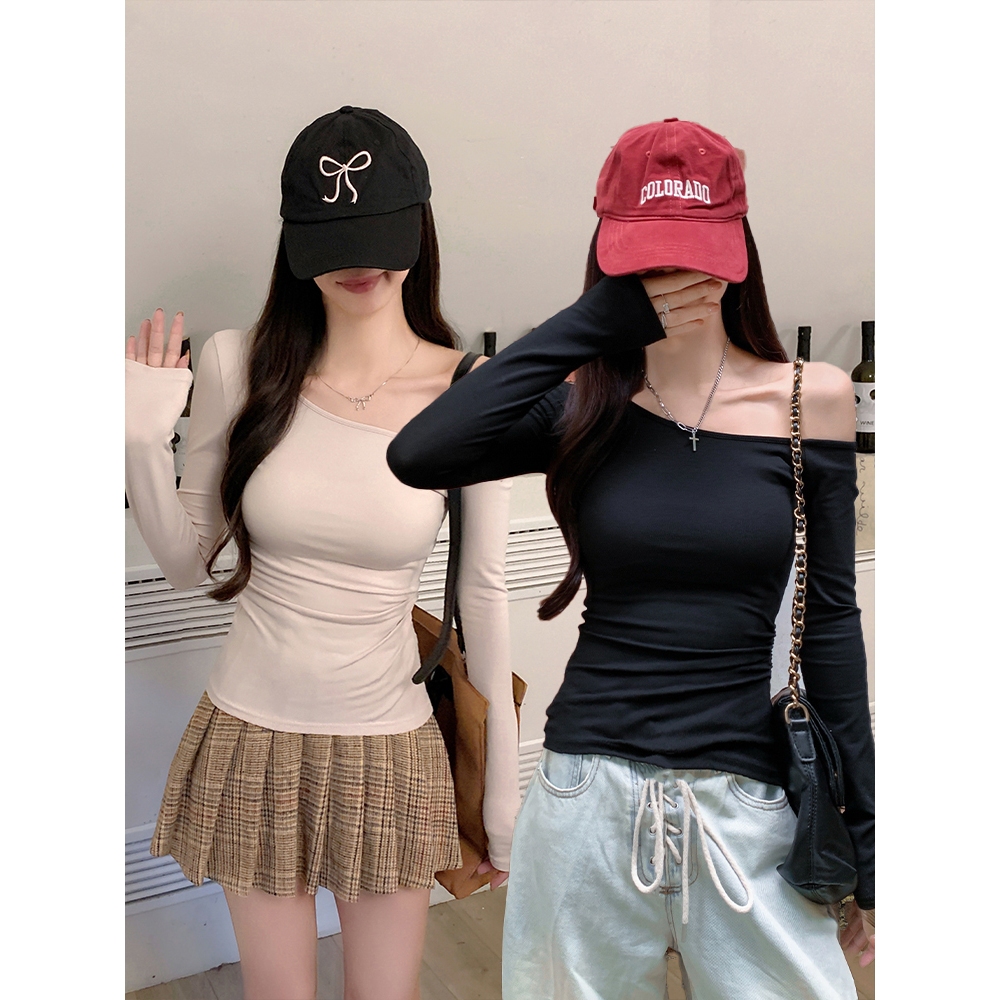 เสื้อยืดผู้หญิง เสื้อเเขนสั้น ผ้ายืดได้ สีพื้น เปิดไหล่#2276