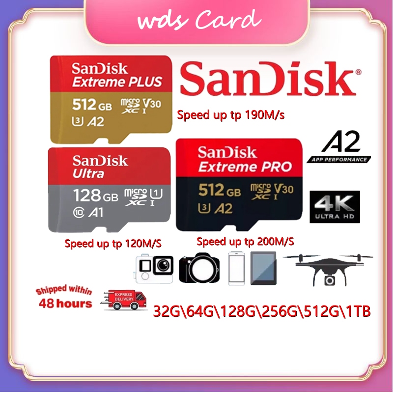 SanDisk Extreme pro Ultra microSDXC, SQUAC 32G 64G 128G 256GB 512G, A1 A2, ( เมมโมรี่การ์ด ไมโครเอสดี การ์ด ) ส่งจากไทย