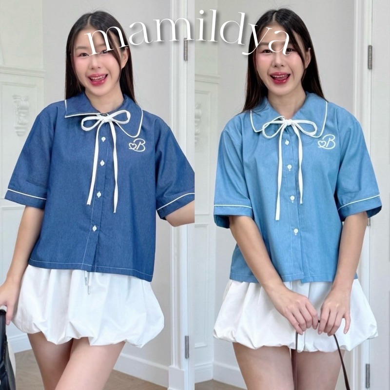 แถมริบบิ้น เสื้อเชิ้ตปกแหลมกุ้นขอบตัดสี ทรงโอเวอร์ไซส์/ K3-4 /COOK-ยีนส์B