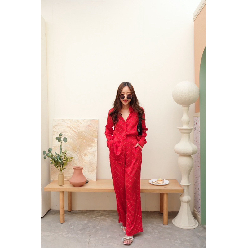 LS425 set เชิ้ตแขนยาว+กางเกงขายาว  ลายตาราง สกีนสีทอง สวยมาก