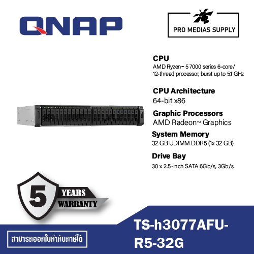 QNAP TS-h3077AFU-R5-32G AMD Ryzen™ 5 7000 series 6-core/12-thread processor, burst up to 5.1 GHz