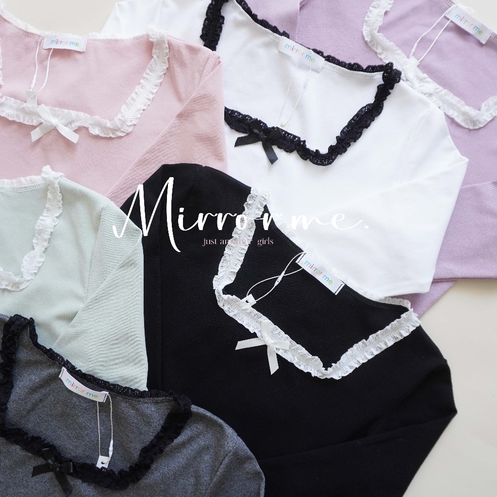 mirrorme เสื้อแขนยาว คอเหลี่ยมลูกไม้ติดโบว์น่ารักๆ