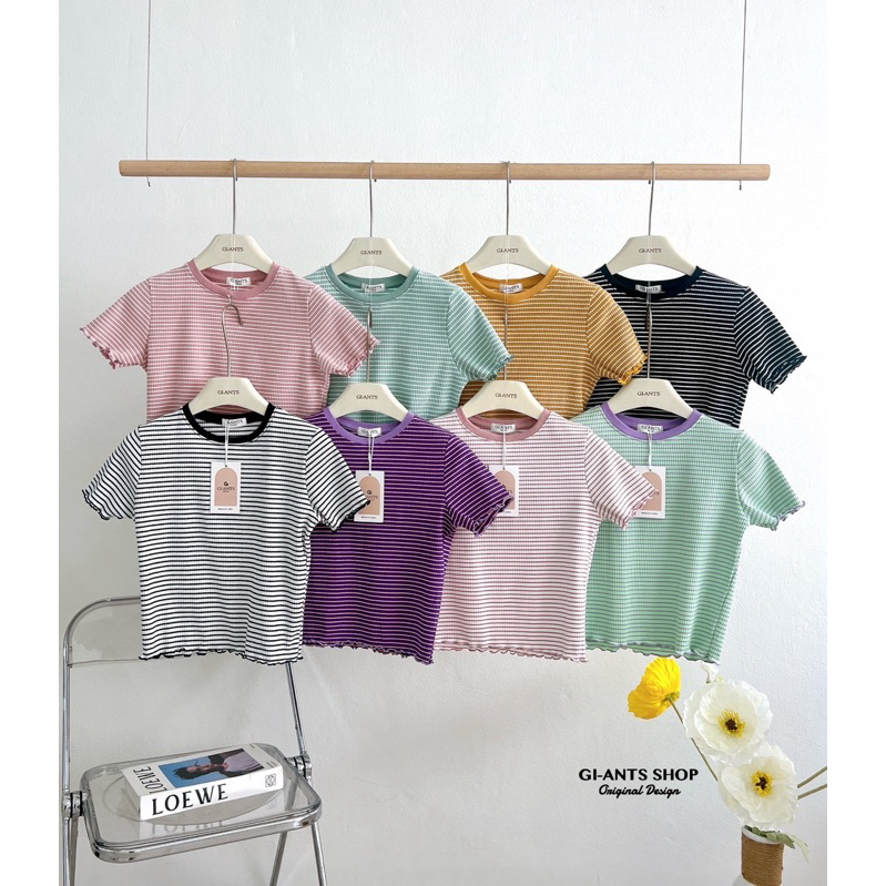 GI-ANTS เสื้อครอปคอกลมลายริ้ว