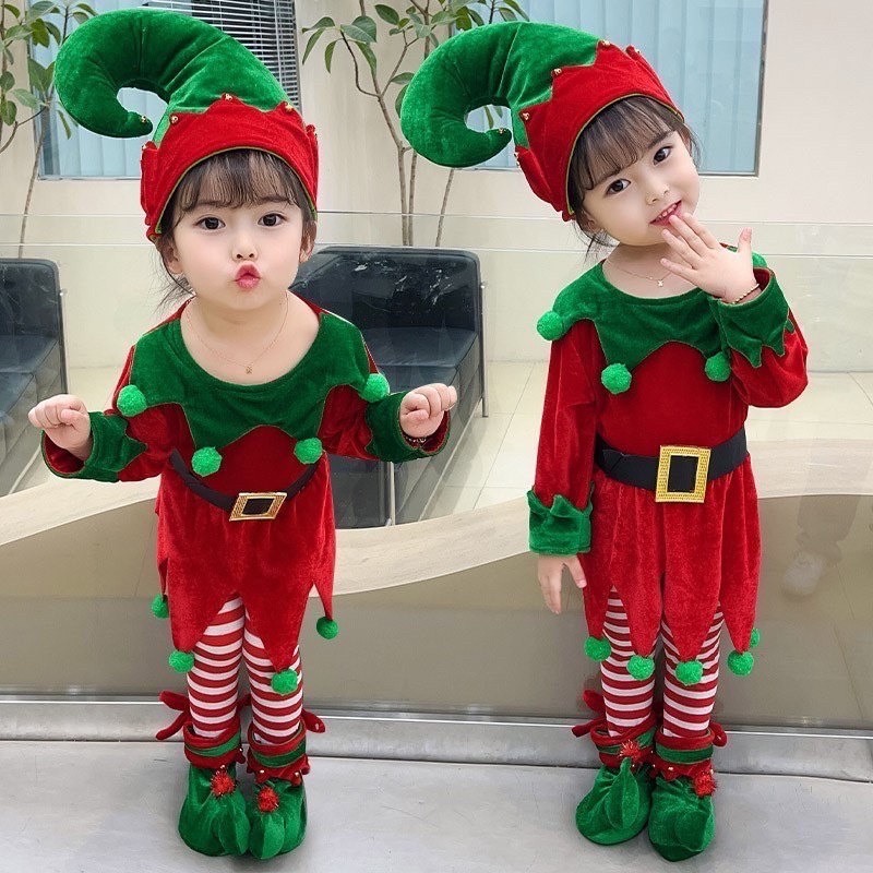 พร้อมส่ง ชุดเอลฟ์เด็กผู้หญิง น่ารักมากแม่ ชุด+หมวก+เข็มขัด+ถุงเท้า+รองเท้าครบเซต5ชิ้น