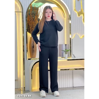 ชุดเซ็ทแฟชั่นผู้หญิง เสื้อแขนยาว+กางเกงขายาว ปักอักษรนู้นกลางอก สีเรียบสวย TZ9708