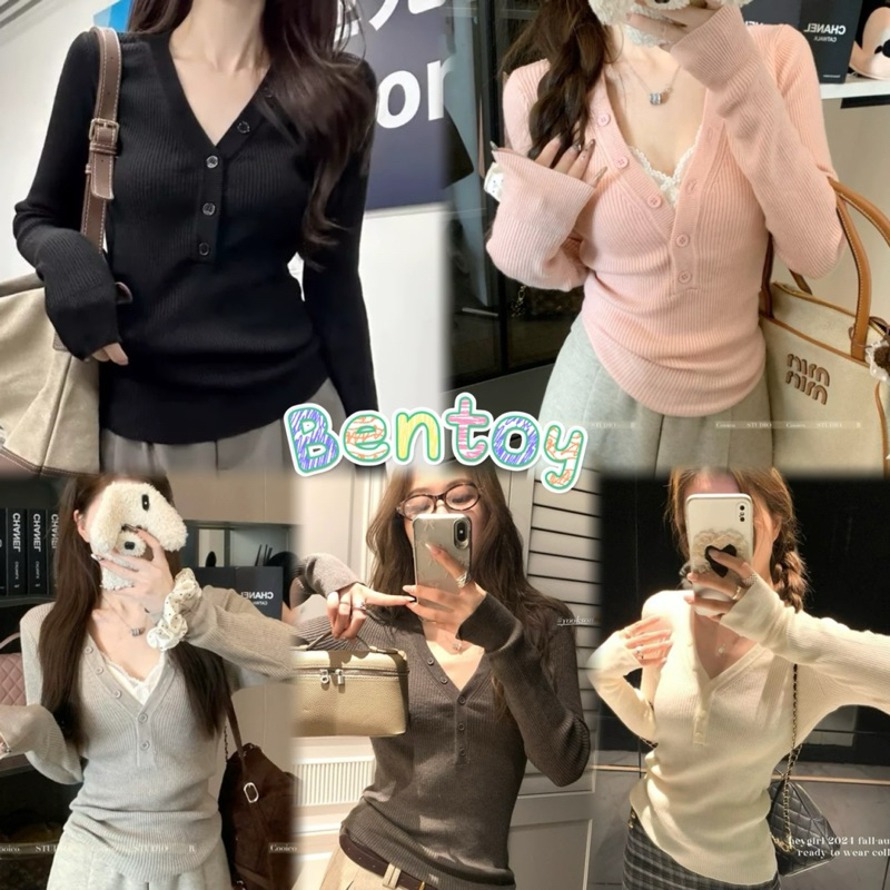 Bentoy(A187)เสื้อยืดไหมพรม คอวี กระดุมหน้าอก สีพื้น แมทช์ง่าย ใส่สวย สบาย