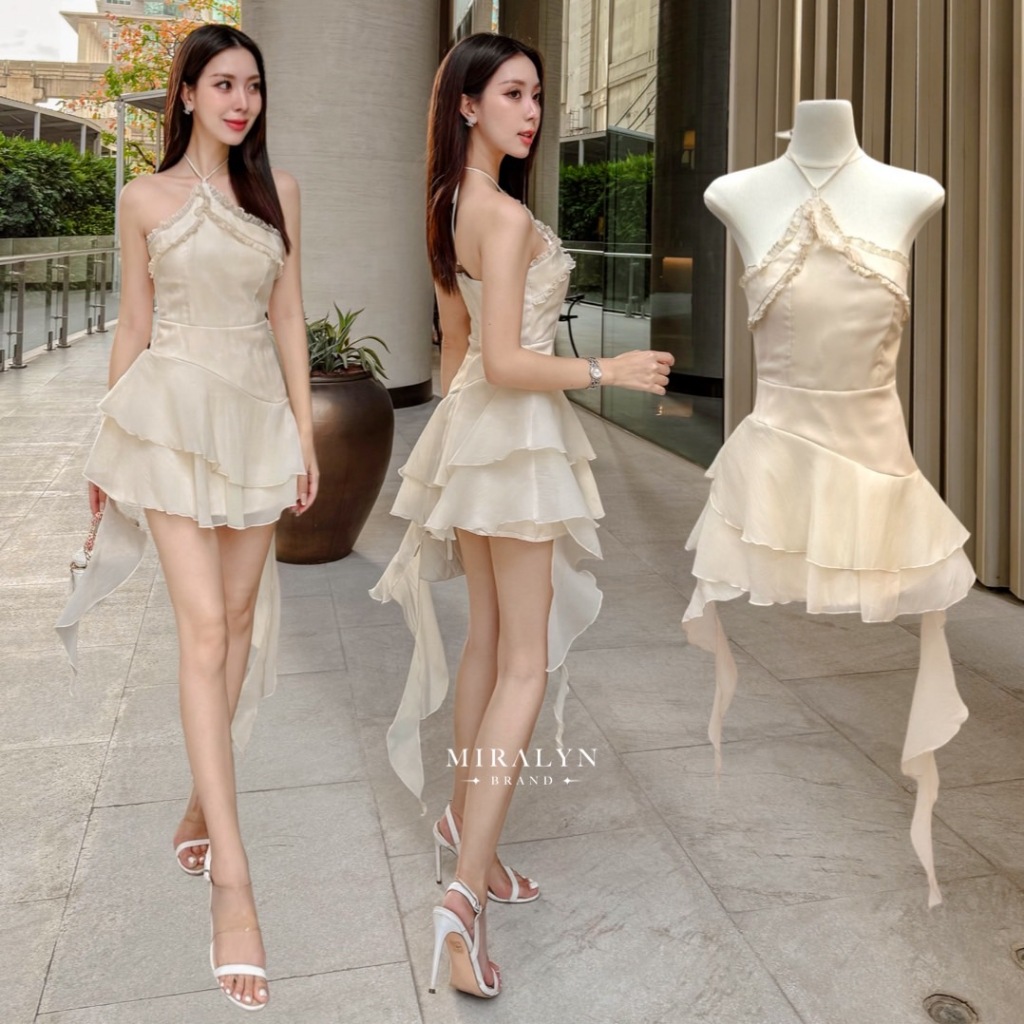 Miralyn เดรสผ้าพริ้วสีครีมคล้องคอผูกโบว์(*สอบถามสต๊อกก่อนกดสั่งน๊า)