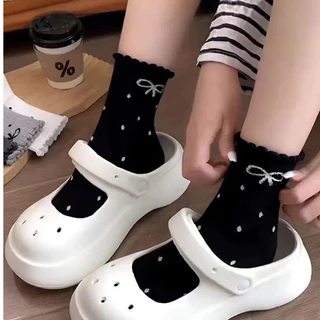ถุงเท้า แฟชั่น ข้อยาว ลายโบว์สไตส์ญี่ปุ่น ถุงเท้าผู้หญิง sock