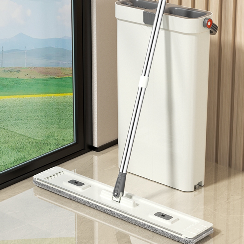 LOOLALA 40CMไม้ม็อบถูพื้นแบบรีดน้ำ ไม้ถูพื้น ถังปั่น Flat Mop ไม้ม๊อบพร้อมถังรีดน้ำ ซักน้ำและรีดน้ำในตัวเดียว ไม่เลอะมือ