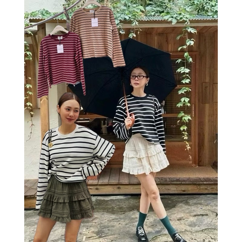 Stripe long top สไตล์นี้มาแรงสุดๆเลยค่า เสื้อคอกลม แขนยาว ผ้าทอลายริ้ว จับคู่โทนสีเบสิคแมทช์ง่าย เกาหลีเกาใจสุดๆ