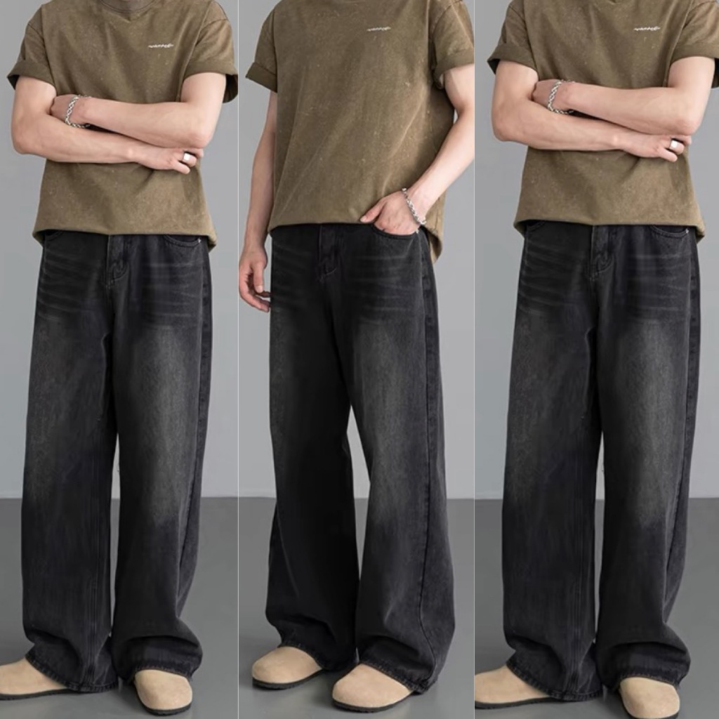 กางเกงยีนส์เบสิก ขากว้าง Unisex สำหรับผู้ชายและผู้หญิง