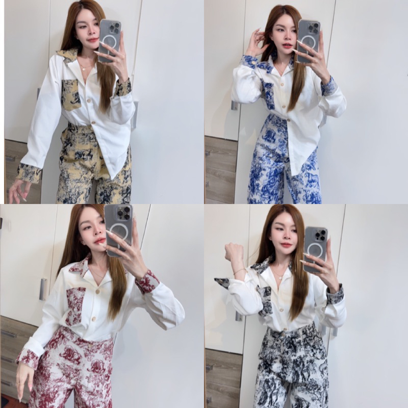 ชุดเช็ต 2 ชิ้น เสื้อเชิ้ตแขนยาวผ้าบาบี้ * กางเกงผ้าทอพิมพ์ลายขายาว ใส่เที่ยว ทำงาน ชุดออกงานได้
