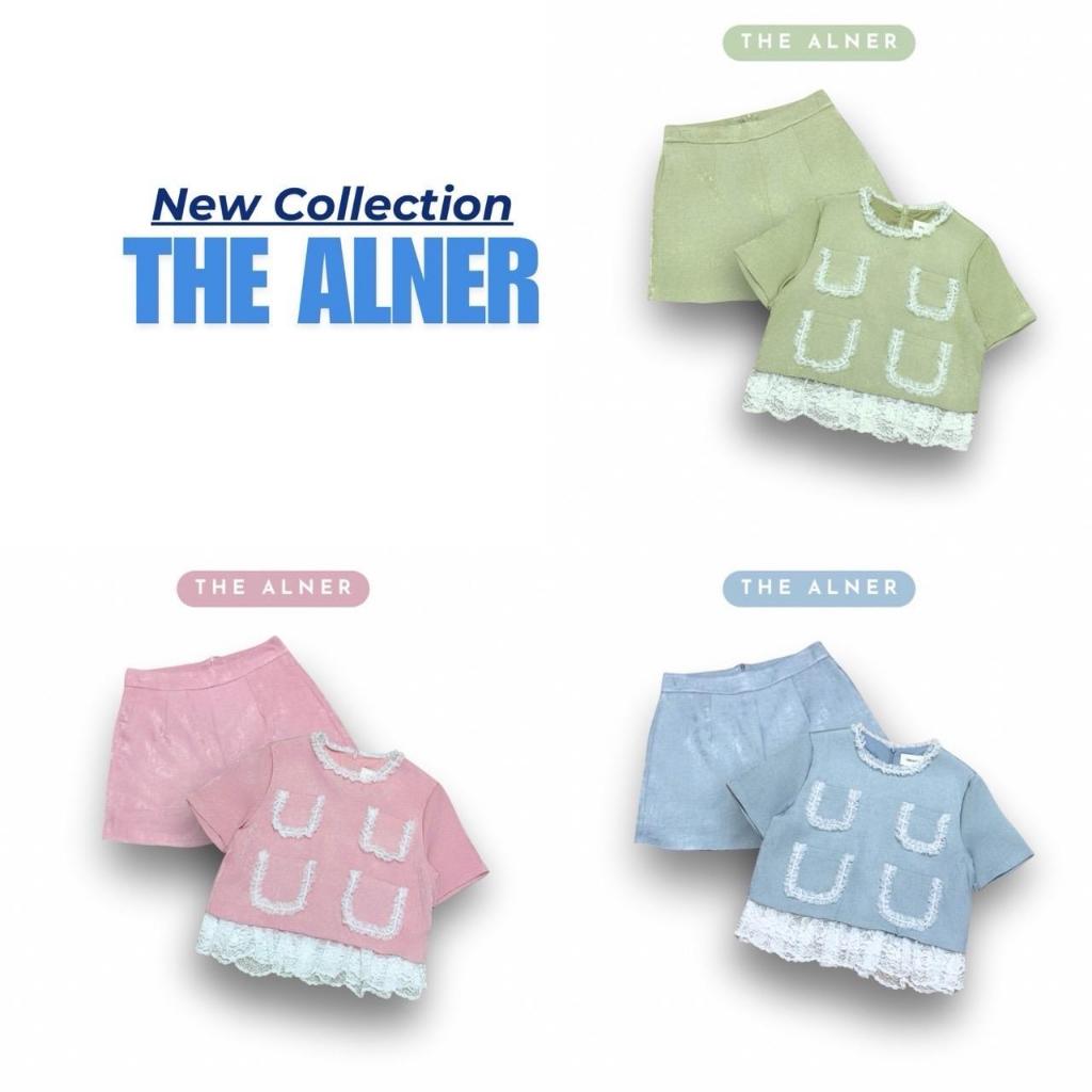 AN725 เช็ตเสื้อคอกลมแต่งกระเป๋าหน้าแต่งลูกไม้ + กางเกงขาสั้น The Alner Women Clothing ผู้หญิง