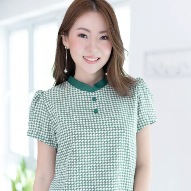 Narinari : MT3906 Overlap Collar Double Button Blouse เสื้อคอจีนซ้อน จับจีบปลายแขน