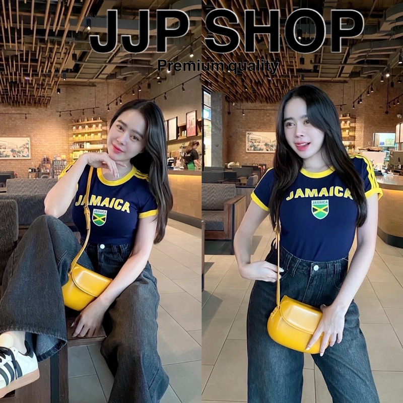 เสื้อครอปแนวสปอร์ต ตีแถบตัดขอบ พิมพ์ลาย JAMAICA  สไตล์อเมริกัน สวย เท่ สปอร์ต
