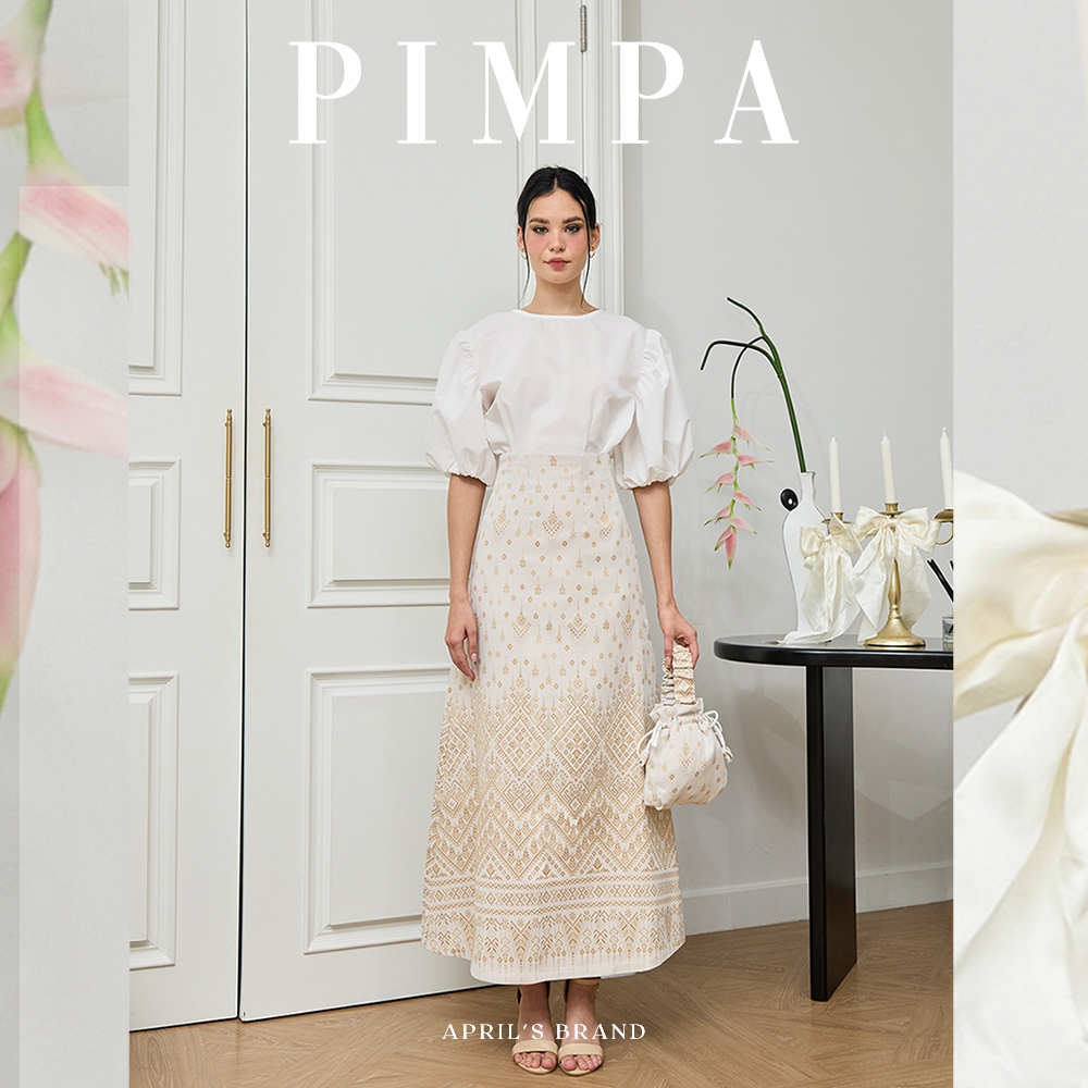 APRIL'S | PIMPA Skirt (Beige & gold) กระโปรงผ้าฝ้ายทอลาย รุ่นพิมพา
