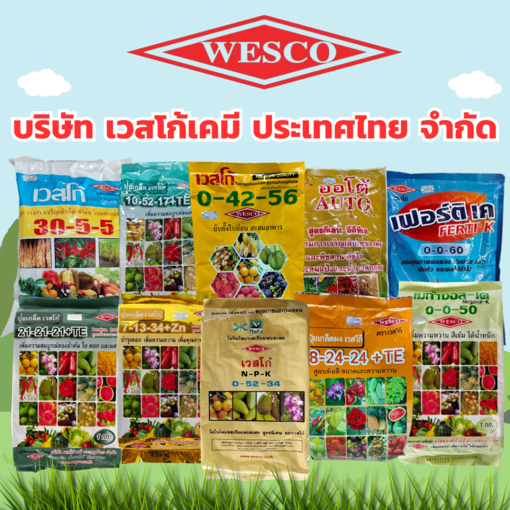ปุ๋ยเกล็ด ฉีดพ่นทางใบ ปุ๋ยทางใบ ราก ต้น ใบ เร่งดอก บำรุงผล หมากดก เร่งสี เพิ่มหวาน น้ำหนัก wesco ของแท้