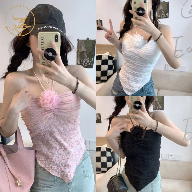 ส่งไวจากไทย เสื้อเกาะอกไหมพรม ผูกคล้อง แถมเข็มกัดดอกไม้