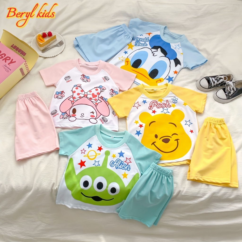 Beryl kids ชุดสูทการ์ตูนเด็กฤดูร้อน เสื้อยืดแขนสั้นกางเกงขาสั้น เซท 2 ชิ้น ลำลอง สไตล์เกาหลี ผ้านุ่มสบายๆ