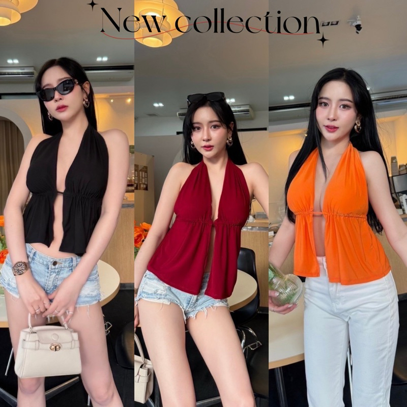 เสื้อคล้องคอ เสริมฟองน้ำ ระบายหน้า สม็อคหลัง เว้าอกเว้าหลังสุดเซ็กซี่ เก็บทรงสวย กระชับพอดี เสื้อสายฝอ เสื้อใส่ไปทะเล