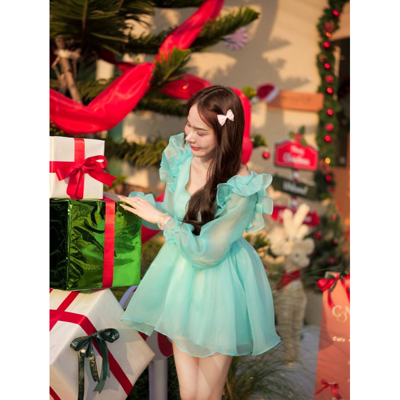 WARA_BRANDS เดรสสั้น เดรสลูกคุณ เดรสผ้าออเเกนดี้ เอวสม็อค มีซับใน