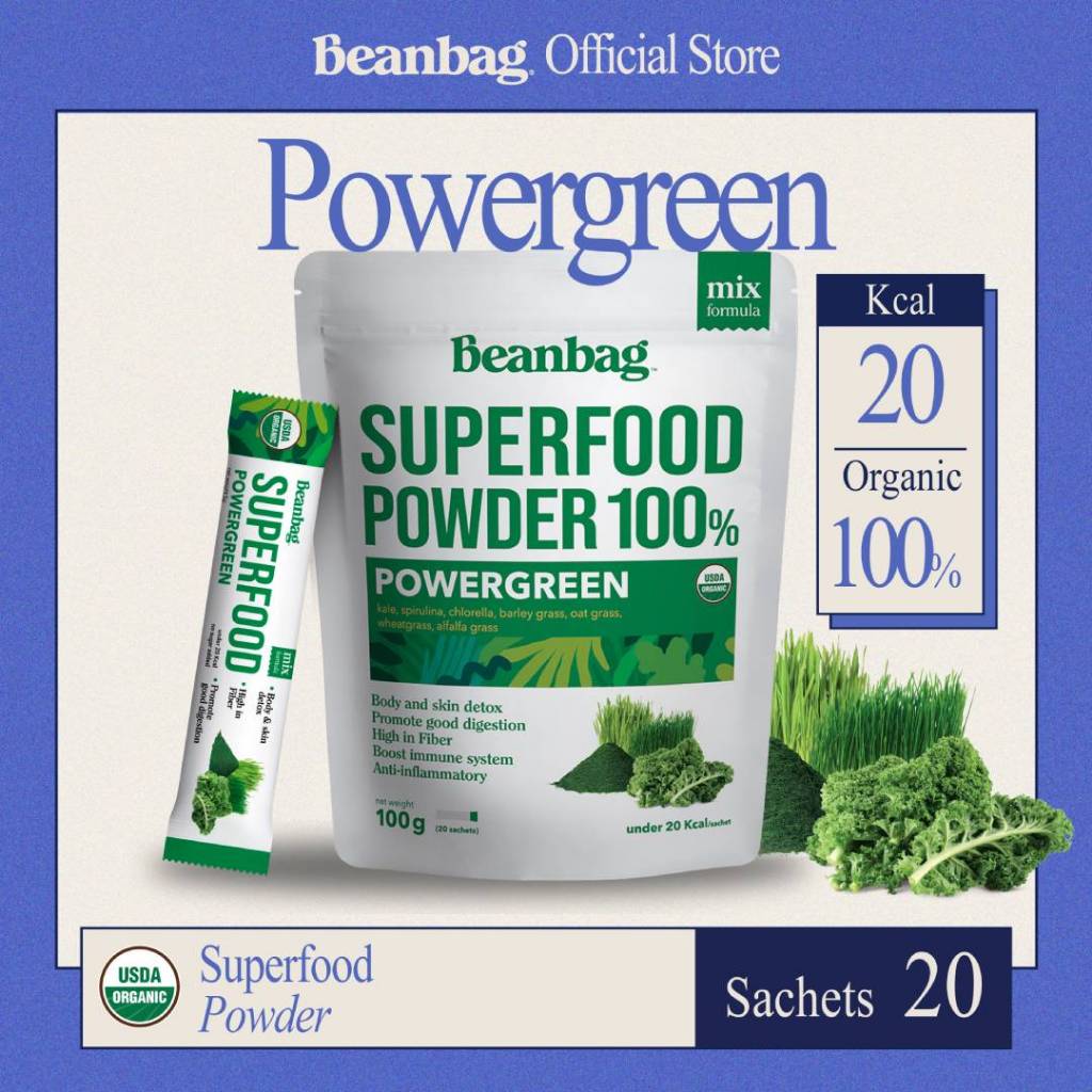 Beanbag superfood Organic Powergreen เครื่องดื่มซุปเปอร์ฟู้ด ผงพาวเวอร์กรีน ผงผักรวม 7 ชนิด 100g ออร์แกนิค ไม่มีน้ำตาล