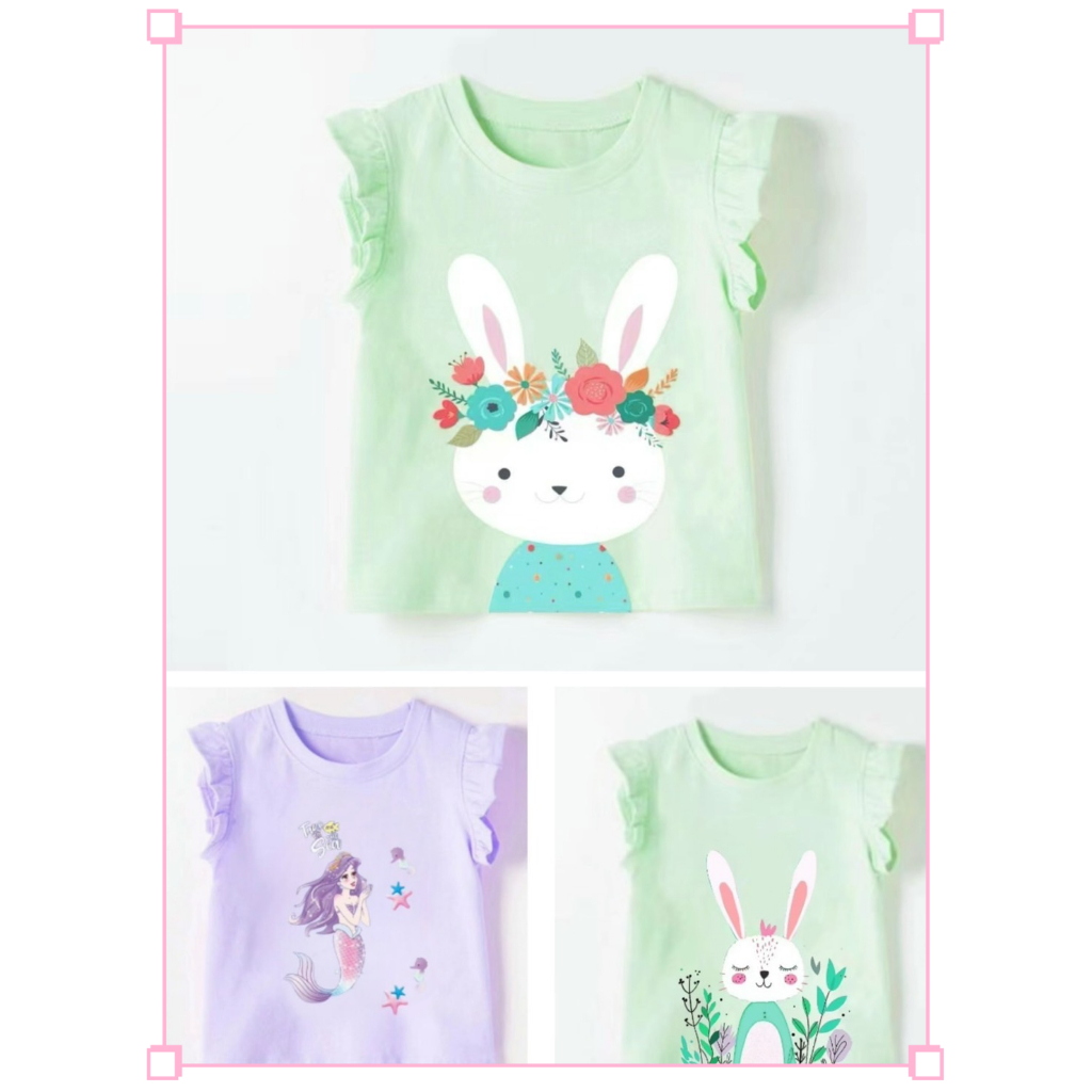 เสื้อยืดแขนสั้นคอกลม เด็กผู้หญิง ลายการ์ตูน สีสวยใส่สบาย เหมาะสำหรับเด็กอายุ 2- 12 ปี